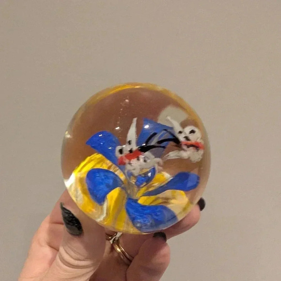 Czech Handcrafted Glass Paperweight with Blue and Yellow Design - Picture 5 of 10